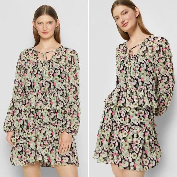 Cinq A Sept Dita Long Sleeve Floral Tiered Mini Dress Prickly Pear Size 4 - Picture 12 of 12